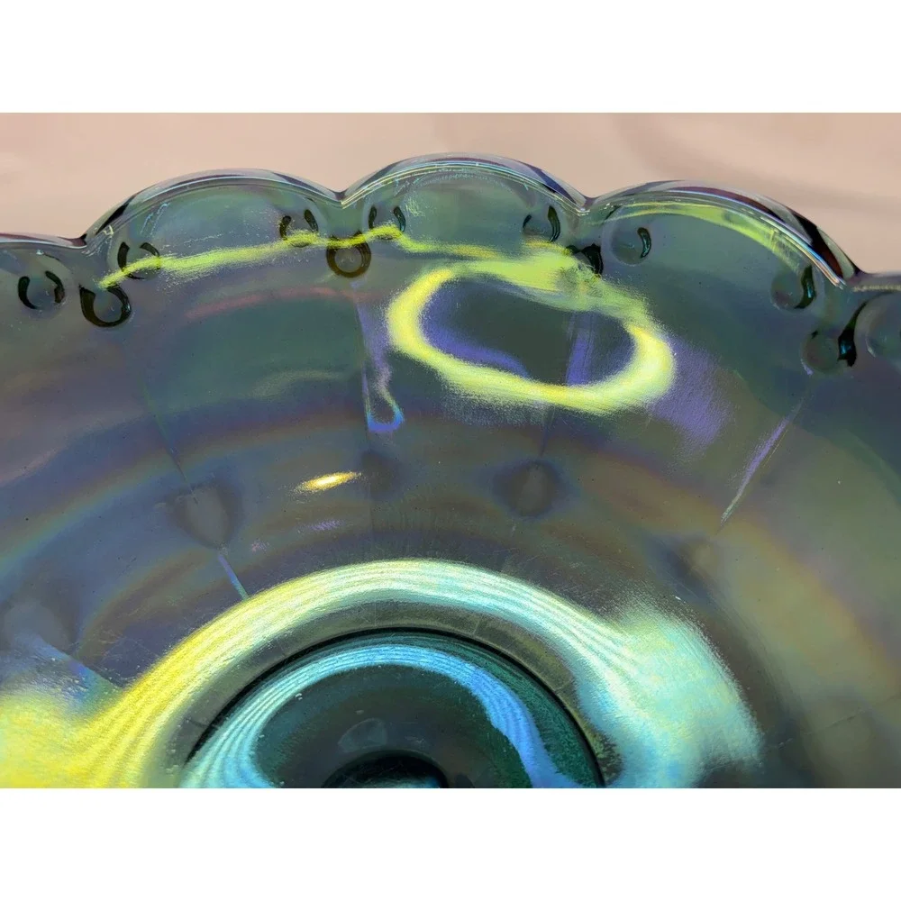 Vtg Iridescent Blue Carnival Glass Compote Scalloped Pedestal Candy Dish 7.25
